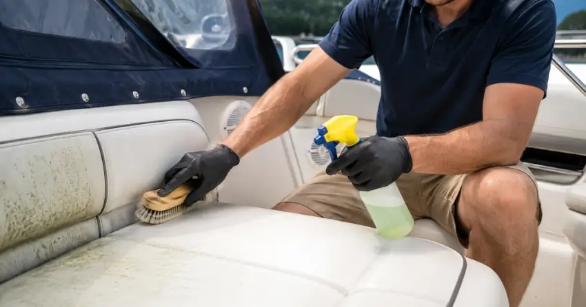 boat mold and mildew surface cleaning treatment on marine vinyl and canvas