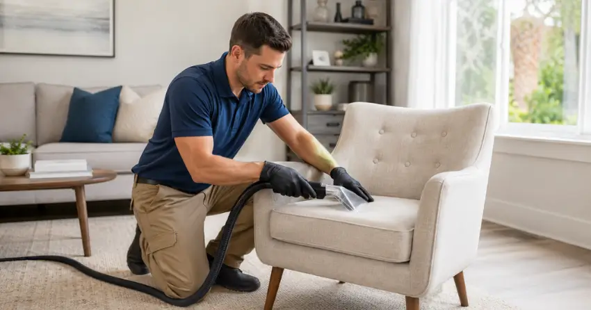 chair cleaning upholstery technician treating fabric in Edmonton