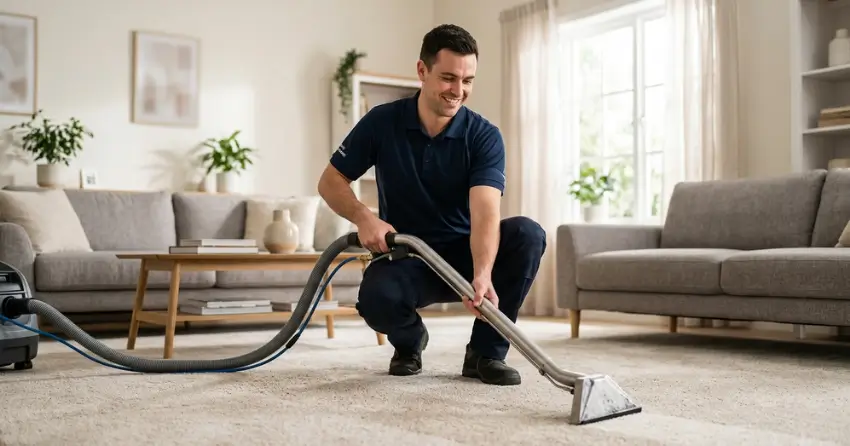 fast-dry carpet cleaning technician working in residential home Edmonton