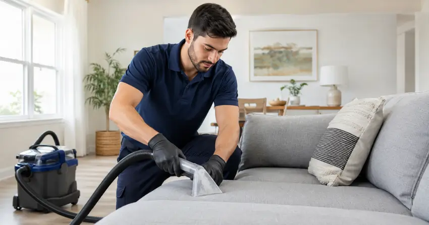 Sofa Cleaning Edmonton technician treating upholstery fabric