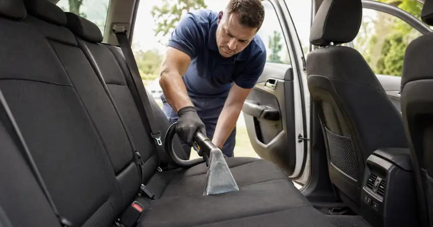 technician using hot water extraction on SUV carpet and seats