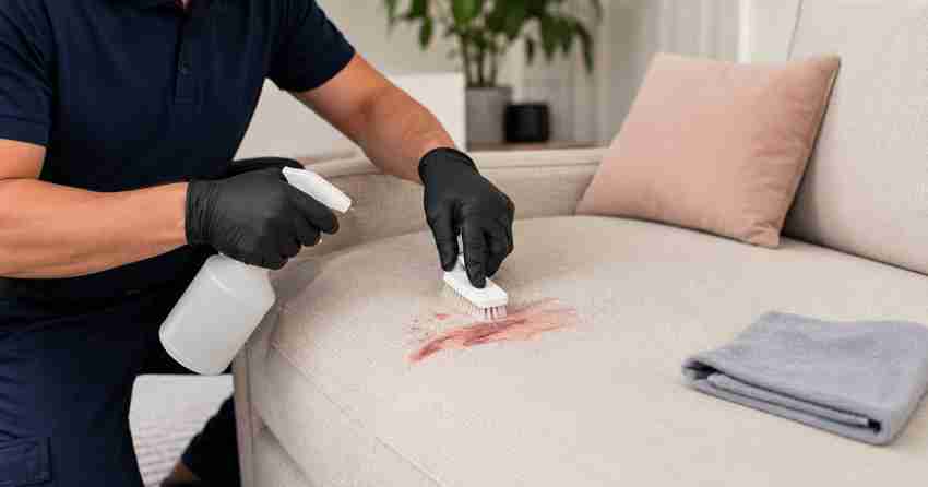 makeup stain removal technician treating upholstery in Edmonton