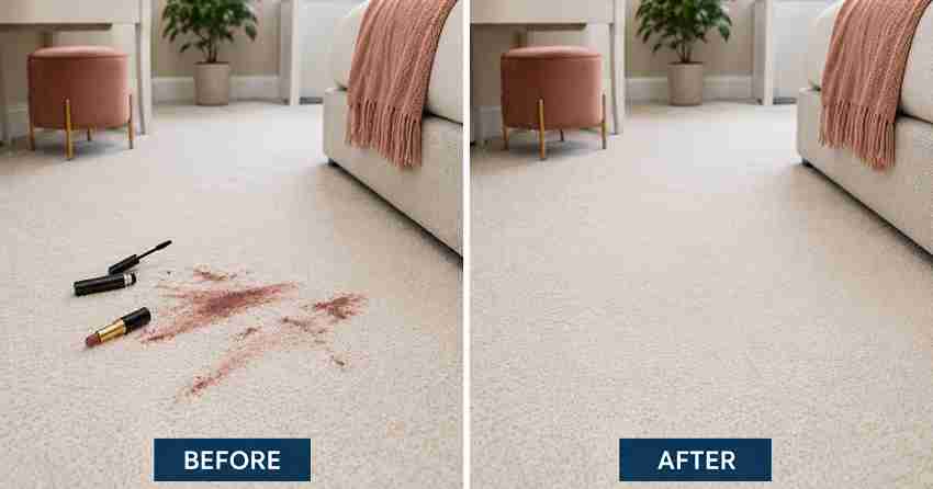 before and after professional makeup stain removal on carpet