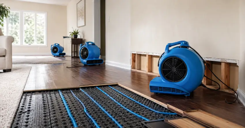air mover drying setup under flooring and along wet walls