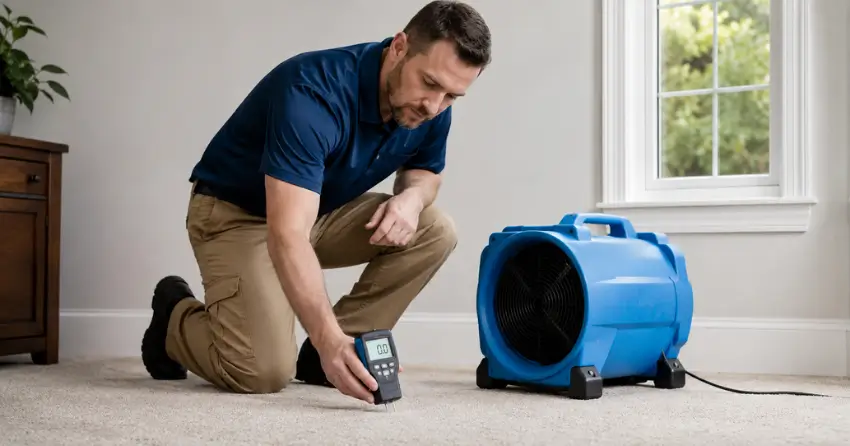 moisture meter reading confirming complete drying after air mover drying service