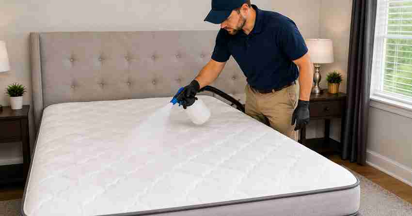 mattress odor removal treatment being applied to mattress surface in Edmonton