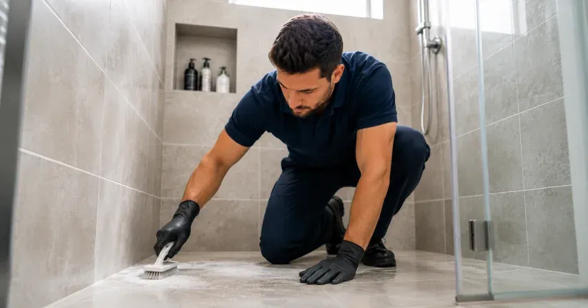 shower tile cleaning technician scrubbing grout in Edmonton